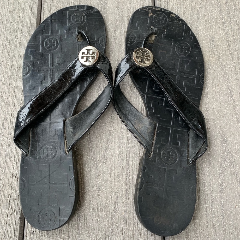 Tory Burch Black Leather Patent Thora Sandals with Silver Medallion